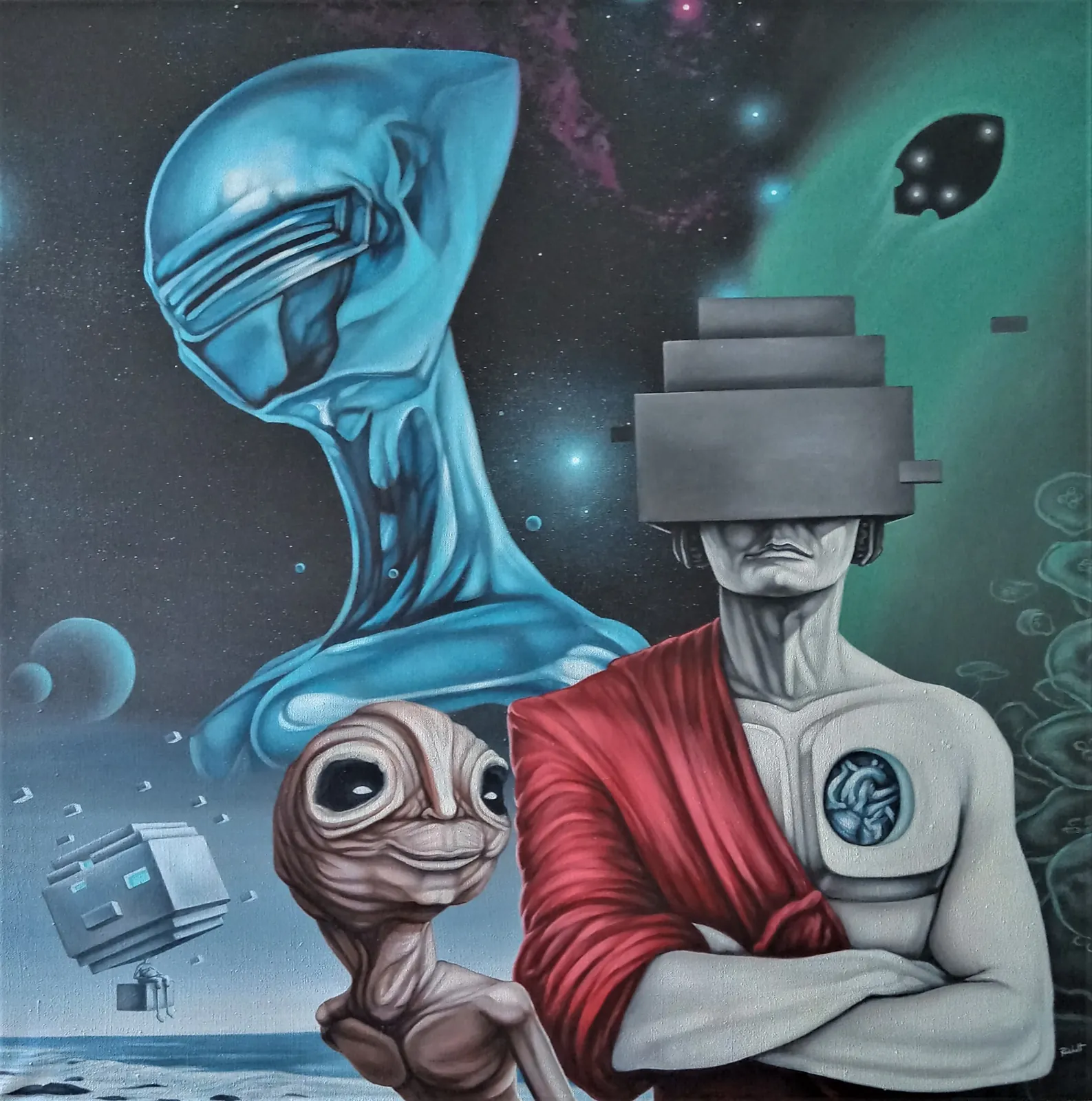 Autorský sci-fi obraz, akryl na plátně