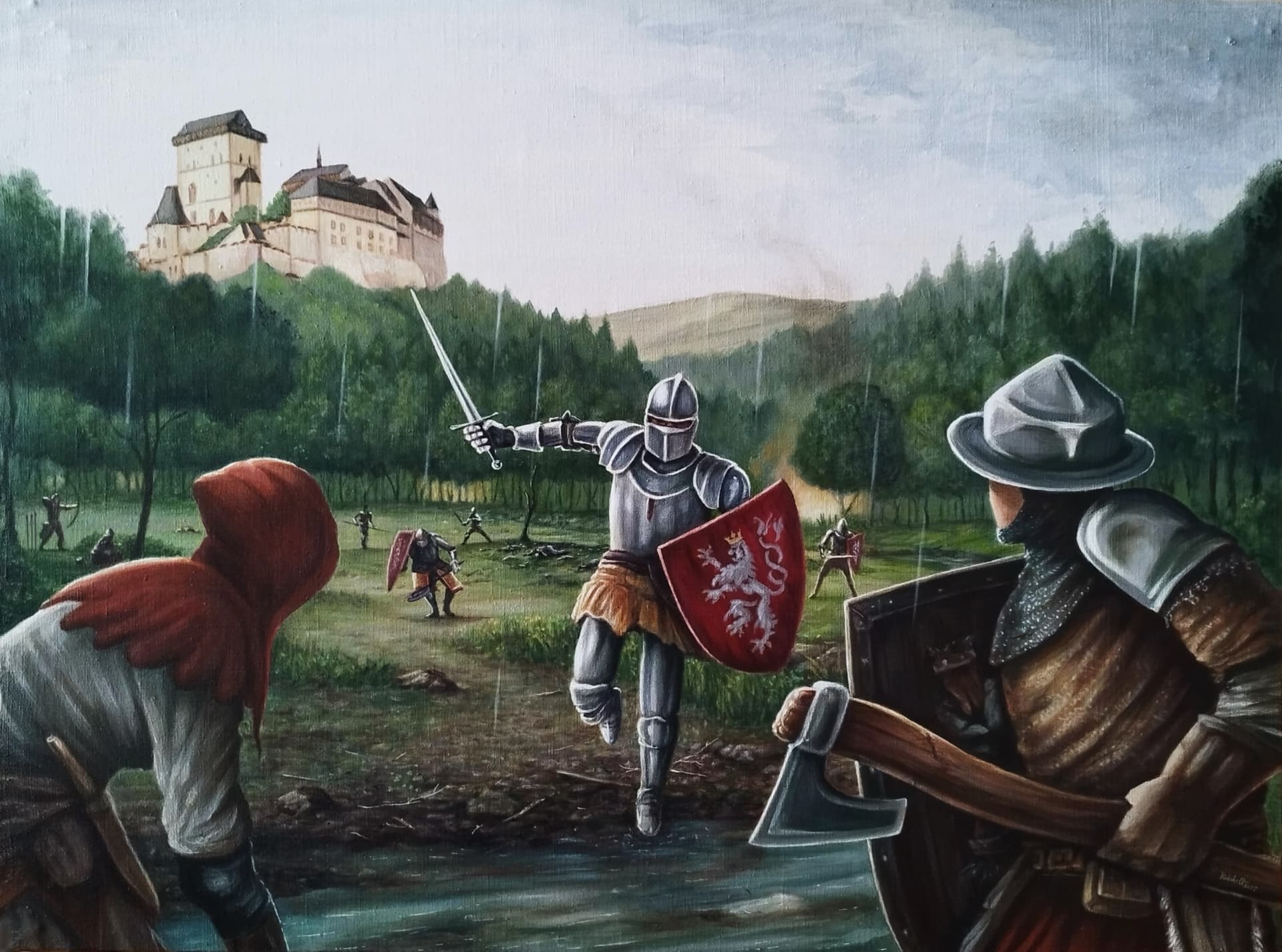 Obraz Husitské dobývání hradu Karlštejn — akrylová malba na plátně, David Reichelt